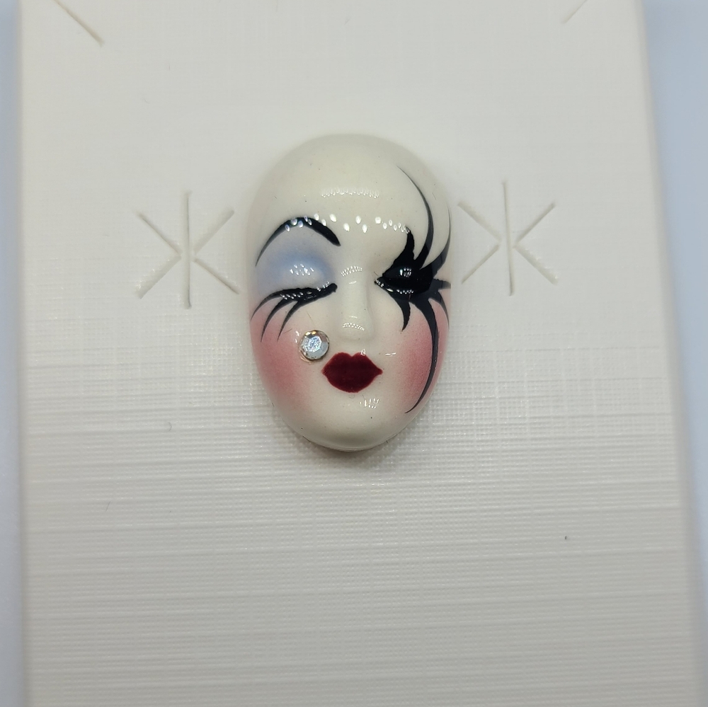 Vintage Fancy Faces Brooch Pin Handpainted Porcelain Mask with Rhinestone